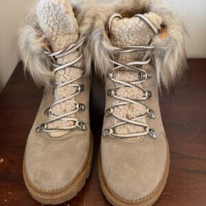 Gray Suede and Fur Lug Sole Ankle Boots Size 8